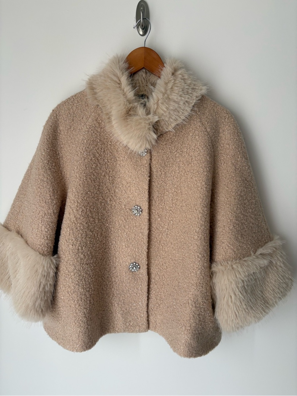 Ivy Jane Taupe Bouclé 3/4 sleeve pea coat with Faux-Fur and jeweled Trim